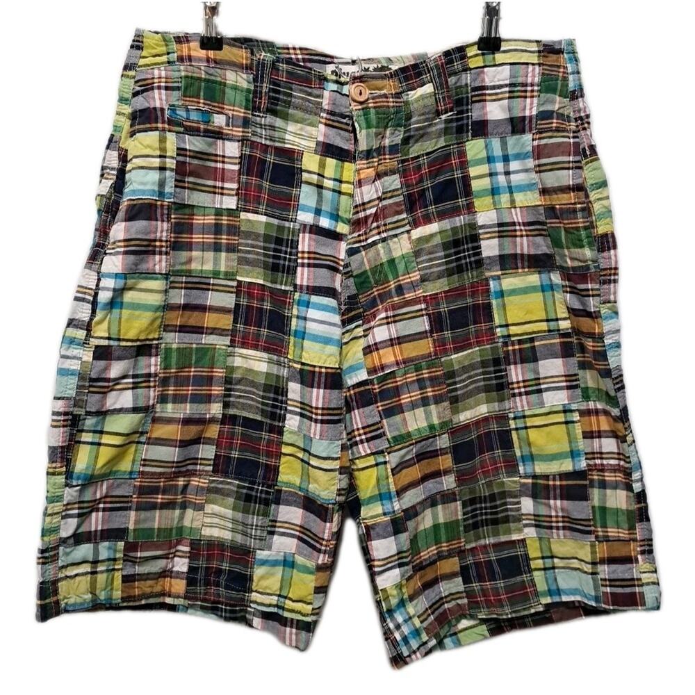 Plugg Madras Plaid Patchwork Bermuda Chino Shorts Mens 36 100% Cotton Preppy